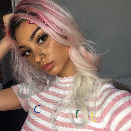 White & Pink Striped Turtle Neck Tee