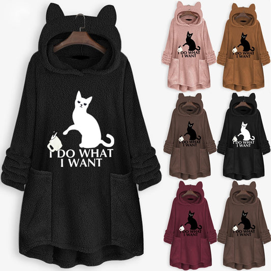 Womail Hoodie Sweatshirt Womens winter Fleece Cat Ear Long Pocket loose Casual Hooded Feminine Oversize Sweatshirt Plus Size