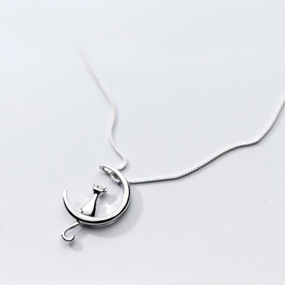 Silver Moon Cat Necklace