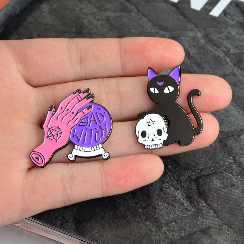 Bad Witch Crystal Ball & Black Cat Pin