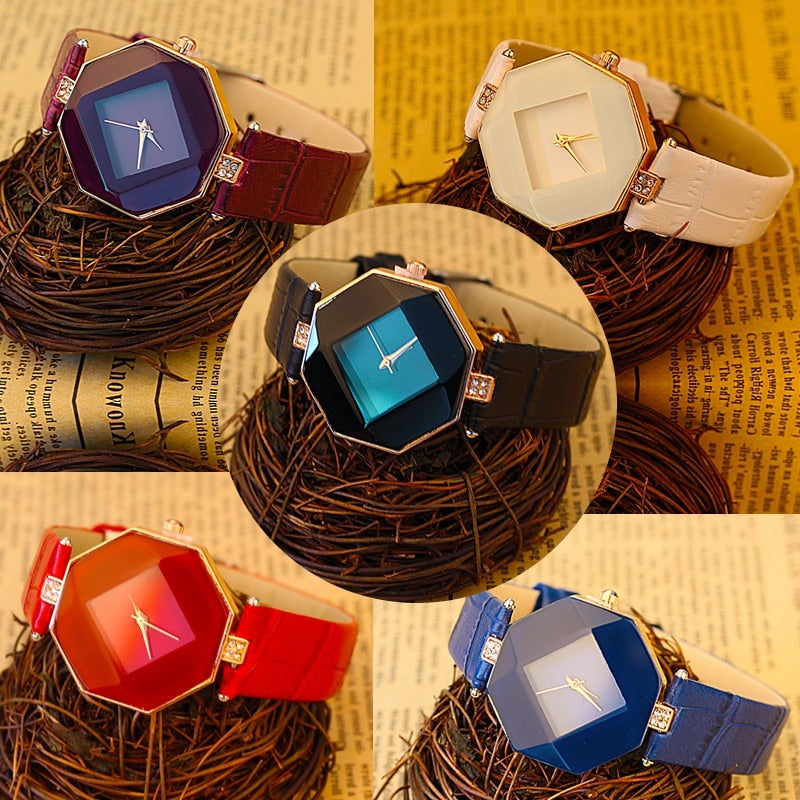 Gem Cut Crystal & Leather Wristwatch (5 Colors)