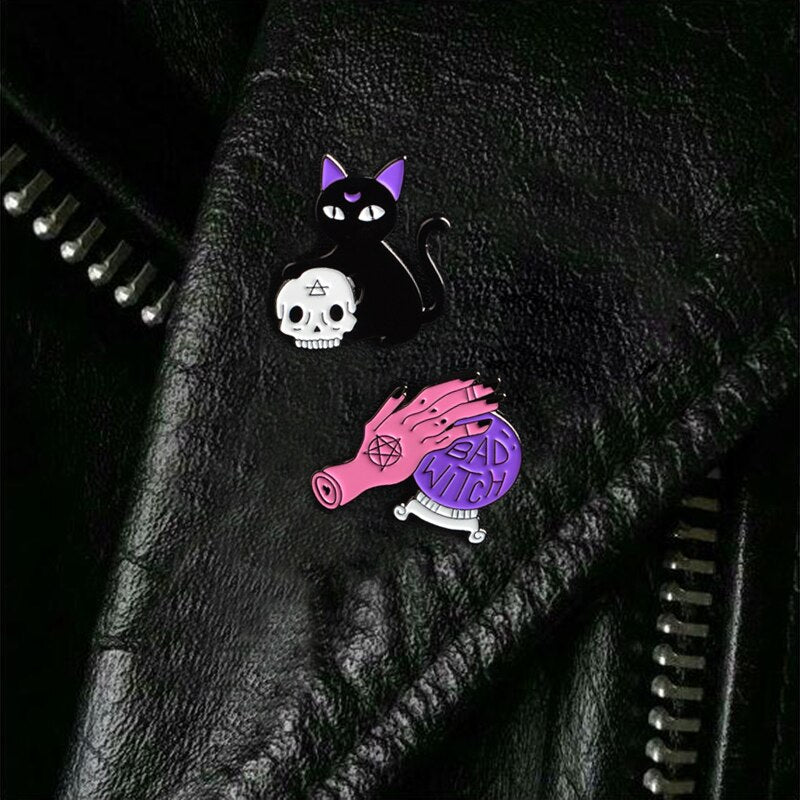 Bad Witch Crystal Ball & Black Cat Pin