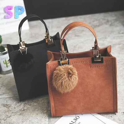 SUPERPLUSH - Suede Leather Handbag w/ Fur Ball