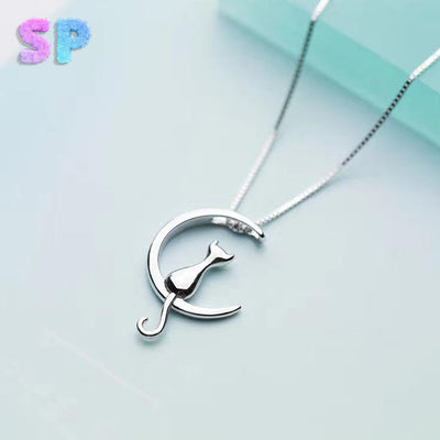 Silver Moon Cat Necklace